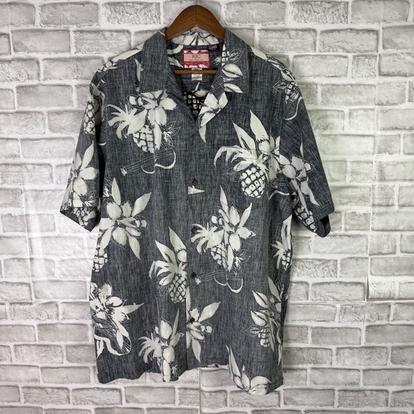 RJC Hawaiian Scratched Charcoal Gray Pineapple Hawaiian Print Button Shirt 2XL - Picture 2 of 6